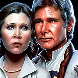 old carrie fisher embracing harrison ford, waist up portrait, photorealistic faces, intricate, oil on canvas, masterpiece, expert, insanely detailed, 4k resolution, cinematic smooth, intricate detail , soft smooth lighting, soft pastel colors,