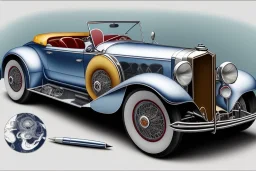 pen and color marker, true-to-life 1933 Duesenberg SJ Speedster, two-tone paintjob, centered, intricate, extreme detailed, photorealism, center view, stylized random background, pivot on duesenberg, painting by cheryl kelley