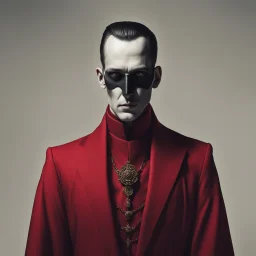 a sinister figure wearing a red suit and a priest's collar with no face and dirty slicked back hair