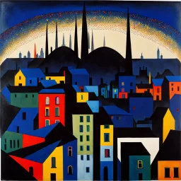 City with many colors, solchi e rilievi, dark blue decal pointillism Max Ernst