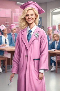 Een dom blondje die haar dokterdiploma heeft gekregen dankzij CHATGPT. Straalt domheid uit. Haar graduation outfit is volledig roze. Karikaturaal, carnavalesk, er zijn dokterattributen, denk legally blind en greys anantomy Dokter moet duidelijk zijn. Ze is lelijk, veel koninklijker, grootser