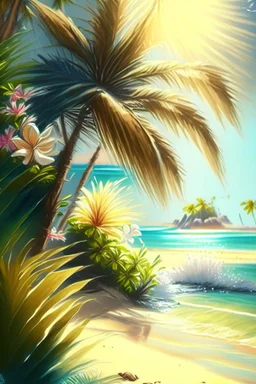 full light,highlight, palm trees, water, day, sun day, an idyliic beach, ocean, sun,flower, tropical paradise, realistic art, brush, pencil, detailed