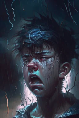 A distressed young lad is weeping and howling in utter agony as torrents of rain pour down and thunder resounds with electric intensity amidst an ominously stormy night, Distressed, Dark, Highly detailed, thunderous, ominous, stormy, Sharp focus, Emotional, art by loish and ross tran and sam yang, trending on artstation hq.