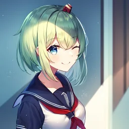 Clear focus, High resolution, short light green hair, blue eyes, wearing a sailor uniform, red tie, wearing a sailor skirt, eyes closed, smiling, 1girl, spiky hair, not alot of hair on the side of her head