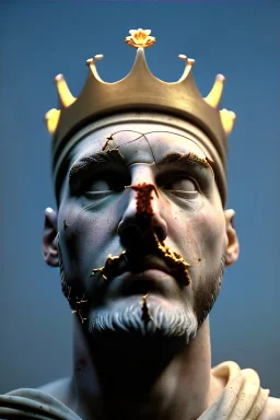 Ultra Realistic image, Roman sculpture, white marble material, Lionel Messi, gold crown of thorns, god crown, baroque ornaments, sun ornament, sun rays background, chisel style, waist up portrait, epic, celestial, cinematic lighting, God lights, 4k resolution, smooth details, soft lighting, unreal engine 5, art station, substance 3d.