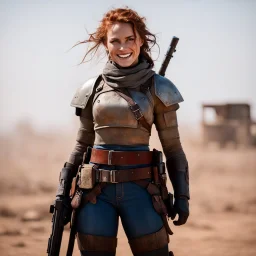 she smiles, ready to fight, in dust, rust and blood, her body is covered with cartridge belts