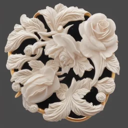 rose ivory brooch against black velvet, opalescent marble carving, decorative design, classical ornament, highly ornate, highly intricate, highly detailed etching, marble carving, warm lighting