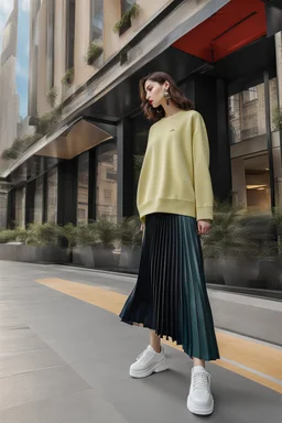 full body Spring 2024 Women's Pleated Skirt Fashion and Color,modern city scape,