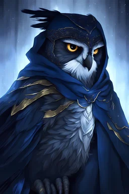 Owlin with golden eyes and dark blue feathers wearing a dark blue cape and use a longbow. Night blue background