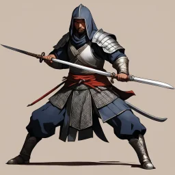 a female medieval warrior adopt a position close to the Japanese Mahami No Nekoashi Dachi (Kokutso Dachi), moving to squat with legs bent, stretching out his arms, one forward with his sword, the other backward, so that the lower part of his body with the folds of his combat robe resembles a fan turned downward