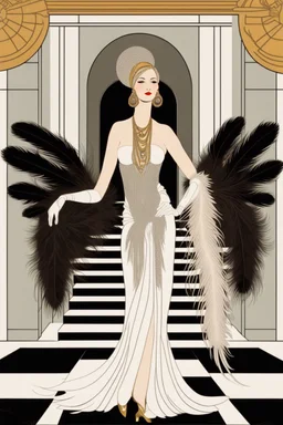 a woman with feathers in an Art Deco foyer by artist "Erte"