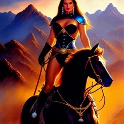 portrait oil on canvas,beautiful busty Female Warrior riding a horse, minimal armor,comic book cover, mystical colors,insanely detailed,realistic,intrincate detail,crystal clear eyes, 16k resolution, masterpiece,Simon Bisley,Frank Frazetta,Alex Horley,ARTHUR ADAMS