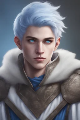create a young male from dungeons and dragon, medium white and blue hair, light blue eyes, realistic, digital art, high resolution, strong lighting