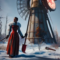 winter, fallout 4 character, salma hayek windmill robot with axe in the streets of cyberpunk city filling up car, gaz station, unreal, spray paint, clay, vox model