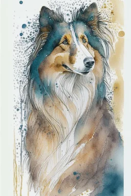 Abstract wet watercolour of a rough collie, ink lines, interlinked circles, detailed,focus on eyes, watercolour paper neg . Closed eyes
