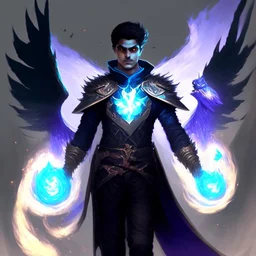 A 25 years boy persian in matte black robes with flaming eyes with grin with flaming light blue pupils stands atop a squire Two infinity gauntlets contain six infinity stones, one of which is made with nano In the hands of a powerful man walking While standing on a majestic height from afar With two big wings