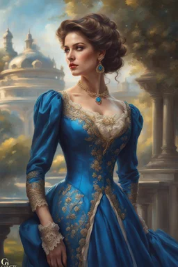 Beautiful woman, the most detailed portrait, the best quality 8k blue dress, Wonderful woman of the Victorian era walks along the park style of the artist Razumov, Volegov , sf, intricate artwork masterpiece, ominous, matte painting movie poster, golden ratio, trending on cgsociety, intricate, epic, trending on artstation, by artgerm, h. r. giger and beksinski, highly detailed, vibrant, production cinematic character render, ultra high quality model fashion show pose