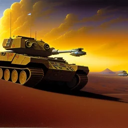 Wide desert view painted by chris foss of Military hovertank from the future, 4k, highly detailed, render, rivets, hovering, axles, stripes, sunset stormy,