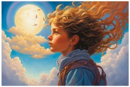 A child having a beautiful dream floating on a cloud painted by Michael Whelan. concept art, mid shot, intricately detailed, color depth, dramatic, 2/3 face angle, side light, colorful background