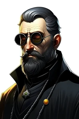 saint gunman with round sunglasses and a black coat and a short black and graying beard in the wild west, grimdark realistic