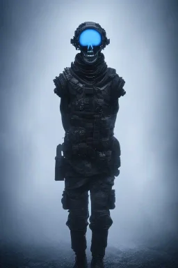 All Black british soldier, ghost, wearing high tech skull mask, white smoke, dark, rage, sorrow, high definition, ultra 8 k, volumetric lighting, blue fire, fog