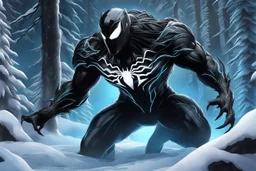 Shadow symbiote in 8k sci-art drawing style, bear them, neon ice power, ice forest, highly detailed, high details, detailed portrait, masterpiece,ultra detailed, ultra quality