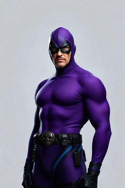 full-length, A portrait of a the Phantom, a man with piercing blue eyes, a chiseled jaw, goatee, timeless face, stern expression, Wearing a skintight formfitting purple cotton hero suit with a skintight cowl with a widows peak that fits tight to his head, but does not cover his face or his forehead , he wears a thin, black leather, bandit eye disguise over his eyes, black and blue diagonally striped trunks, dual-holstered pistol belt adorned with a triangle skull-shaped buckle, leg straps, boot