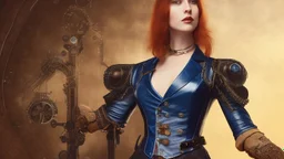 full-height portrait of a woman with straight shoulder-length auburn hair, with metal arms and legs, dressed in leather trousers, and a waistcoat, in a Victorian street next to a steampunk motorbike, blue sky