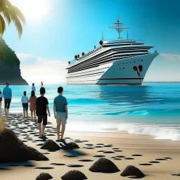 i want to create ai image for photo backgrounds of a ship parked on the shore of a beautiful sea with people around