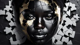 a beautiful black woman face made of black puzzle with kintsugi seam, photo realistic, 16K