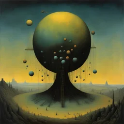 Vivisection of the spheres, human organ grinder, Liu Ye and Joan Miro and Zdzislaw Beksinski deliver a surreal masterpiece, muted colors, sinister, creepy, sharp focus, dark shines, asymmetric, upside-down elements for no reason