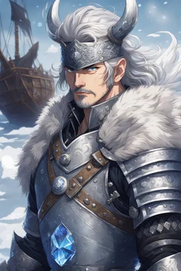 in anime style,1older man, a older man with blue eyes and black hair man in silver Viking armor with fur around the neck with blue crystal on his chest holding an axe in his hands standing on a pirate ship in the artic, warrior in anime style,