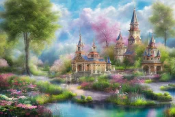 castello trasparente con bordi dorati e fiori rosa con laghetto davanti con profondita'