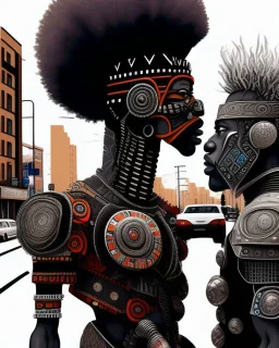 two arafed persons arguing in middle of street, yikes art, afrofuturism, arafed angularity, art cracking the road, angular aztec vibe, whimsical arafed nonsense, patchwork vibe, (((side view))) two arafed cyberlords fighting each other in a rainy whimsical downtown street with extreme body action and with (((exaggerated body parts))), (((oversize head))), sharp color contrasts, amazing shadows, (((exaggerated limbs and head))), minimal cozy, warm palette, bright bold warm summer colors
