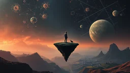 one alone human stands on deep dark colors little floating island. the island with alone human floatings over beautyful four colors landscape . normal neurotipical lifes contrast the weird inner world with neurodivergens soul and mind,, Whimsical strange style of Chagall, of Bosch of giger and Anton Semenov. weird absurd beauty nightmare, in background neuronic network and landscape with cites and with many little humans on eart, Whimsical surreal vibe, cinematic