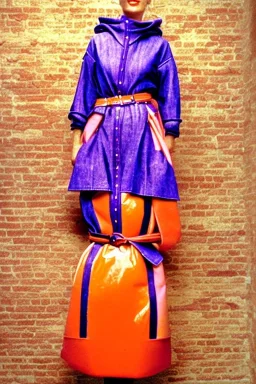 late 1990's women fashion. Light dress with integrated bags and with new kind of hood with tippet that continues downwards too! reveals belly. recycled denim straight, lilac, plum, orange, terracotta, red, light yellow, lion yellow, pink, dark blue, beige. Pike fish, huge vulgarism, -print. wide belt. Partly latex or leather. Kylie Monologue, Tyre Banks. Bridget Jones, Missy Elliot,Jennifer Lopez.Karjalainen kuvio,Karjala pattern tradition