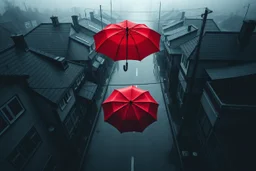 top-down view of a grayscale wet city street with houses, rain, dark siluette with 1 red umbrella, surreal style, dark mood