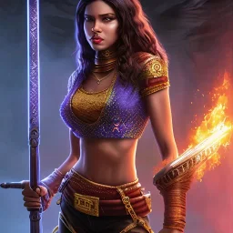 fantasy setting, heroic medieval fantasy, pirate, woman, dark skin, Indian, 20 years old, magician, warrior, hourglass body shape, bicolor hair, muscular, cinematic, insanely detailed, Arabian style, half-hawk, short hair, medieval