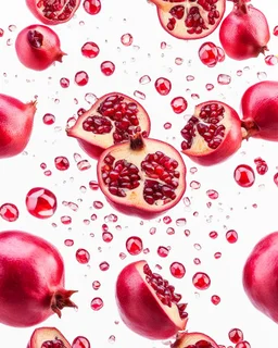 pomegranate seeds behind water droplets through a prism and refraction, on a white background