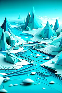 A cyan winter wasteland near the fjords designed in Japanese origami painted by Wassily Kandinsky