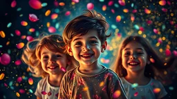 Magical Fantastic young happy children, Flying Petals, fireflies, glow-worms, Splash, Portrait Photography, Fantasy Background, Intricate Patterns, Ultra Detailed, Luminous, Radiance, Ultra Realism, Complex Details, Intricate Details, 16k, HDR, High Quality, Trending On Artstation, Sharp Focus, Studio Photo, Intricate Details, Highly Detailed