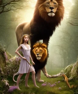 Young beautiful girl wearing floral crown next to a majestic, stunning lion on nature forest path, Chronicles of Narnia, 8k resolution, high-quality, fine-detail, iridescent, intricate, digital art, detailed matte, volumetric lighting, beautiful, illustration, 3D octane render, brian froud, howard lyon, selina french, anna dittmann, annie stokes, lisa parker, greg rutowski,