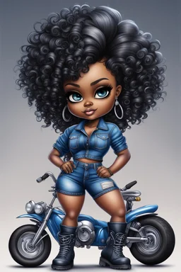 create an airbrush illustration of a chibi cartoon voluptuous black female wearing a blue jean outfit with biker boots. Prominent make up with hazel eyes. Extremely highly detail of black and blonde tight curly hair. Background of a bike show.