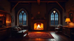 A beautiful and cozy bedroom in a candle-lit Mediaeval English Cottage, with Oak wood furniture and rich tapestries. In the center of the room, a stone fireplace casts a warm glow, with flames gently dancing as the fire crackles. Through the arched glass windows, the night is very dark, and stars and moon illuminate the scene in the darkness. The castle's stone walls and polished wooden floor add a sense of solidity and shelter, creating a serene and peaceful atmosphere. colour photo