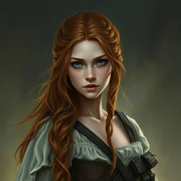 a beautiful fantasy woman, young, long ginger hair, medieval, troubled, fantasy art