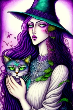 Witch, playing with cats, perfect iris, ink and pencil, pastel colours, style Elizabeth Kreitz