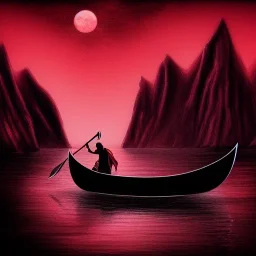 Charon in his boat on the river Styx, red black purple colours, 8k, high definition, fantasy art, winding river, sharp jagged rocks, high contrast colours, sharp colours