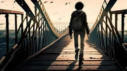 eren yeager walking alone on a bridge