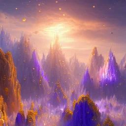 blue gold and violet landscape with multicolored crystals falling from the sky, full of details, smooth, bright sunshine，soft light atmosphere, light effect，colorful, concept art, smooth, extremely sharp detail, finely tuned detail, ultra high definition, 8 k, unreal engine 5, ultra sharp focus