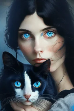 Black hair, blue eyes, woman holding calico cat